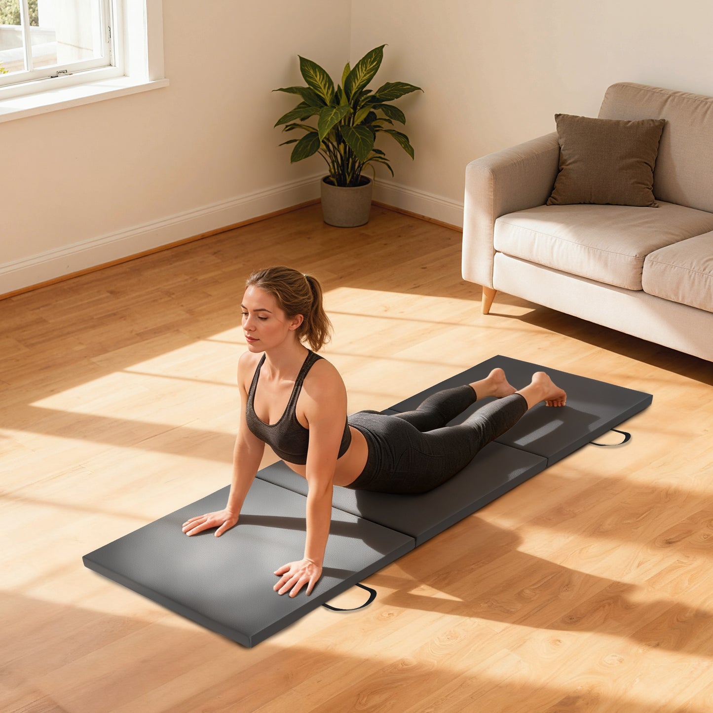 HOMCOM Gymnastics Mat, Tri-Fold Crash Exercise Pad, 6FT 2" Thick Foldable Workout Mat with Handles for Home Training, Grey