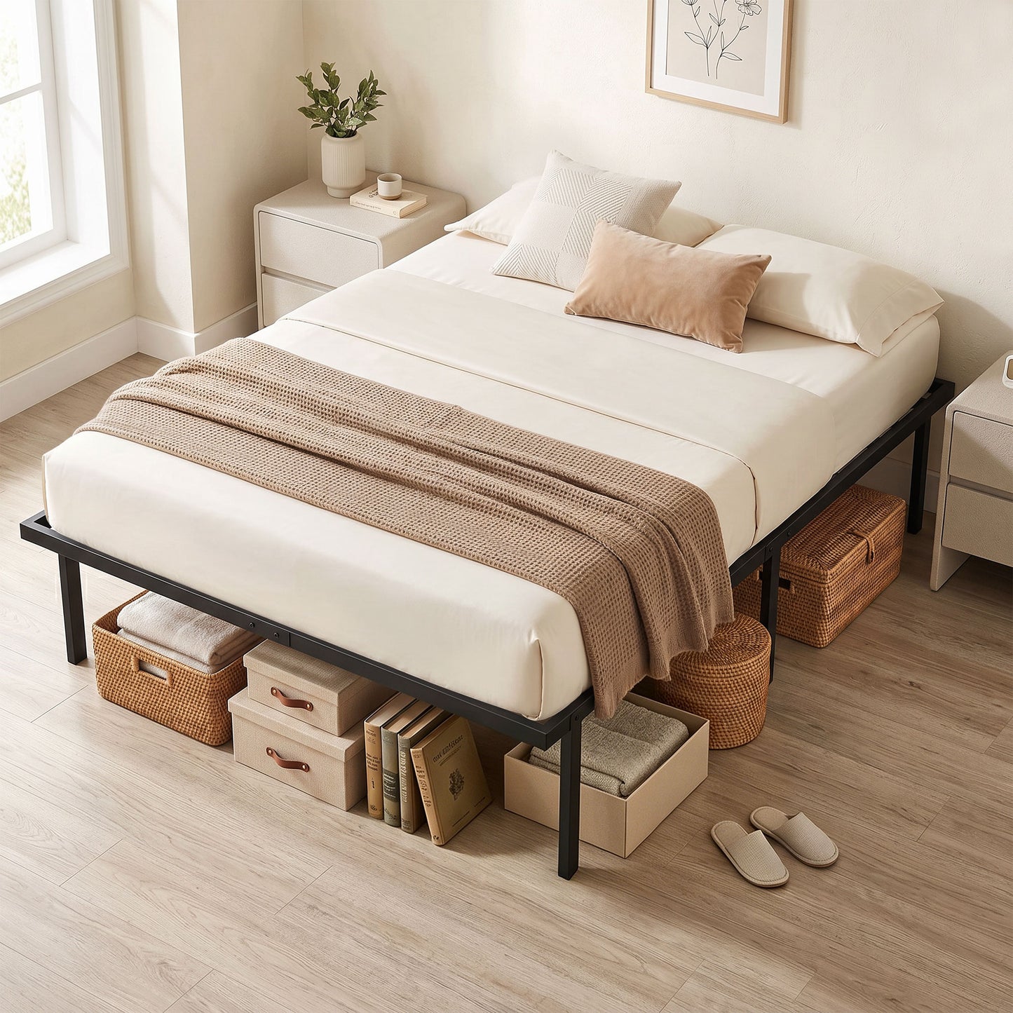 HOMCOM 4ft6 Double Bed Frame with Underbed Storage, Metal Platform Bed Frame with Steel Slat Support, No Box Spring Needed