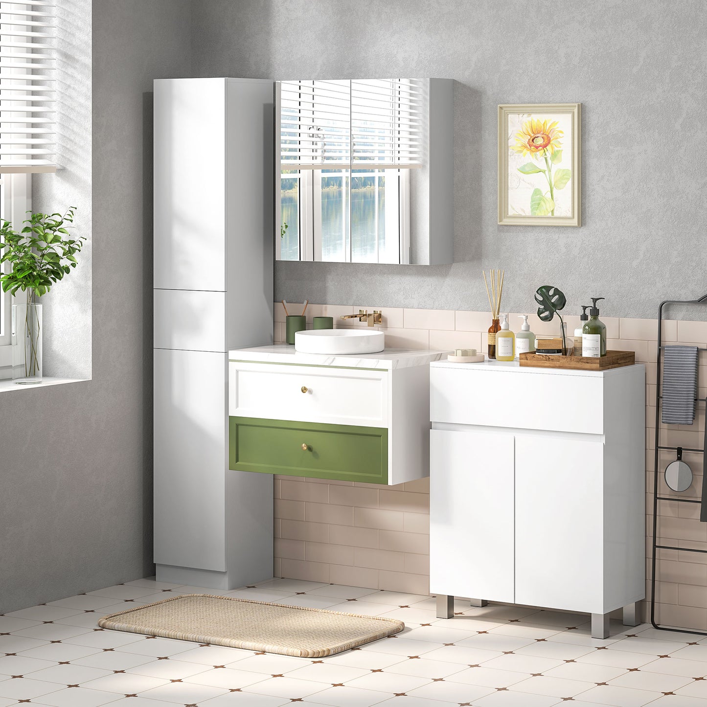 kleankin Luxury Tall Bathroom Cabinet with High Gloss Panel, Sleek White Bathroom Cabinet with Push-to-Open Door, White