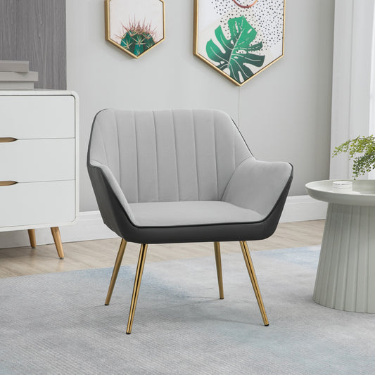 HOMCOM Velvet Armchair, Upholstered Accent Chair with Golden Steel Legs, Modern Vanity Chair for Living Room and Bedroom, Light Grey