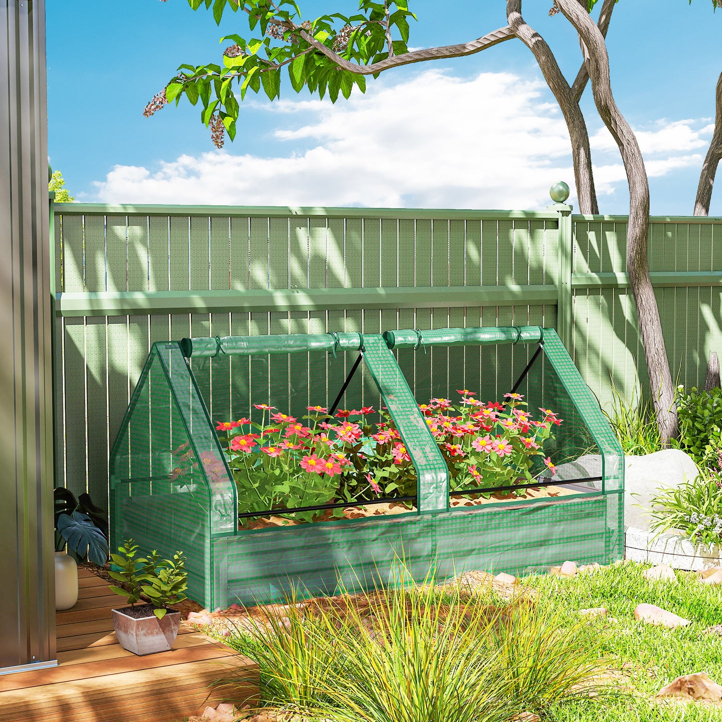 Outsunny Metal Planter Box with Cover, Raised Garden Bed with Greenhouse, for Herbs and Vegetables, Green and Dark Grey
