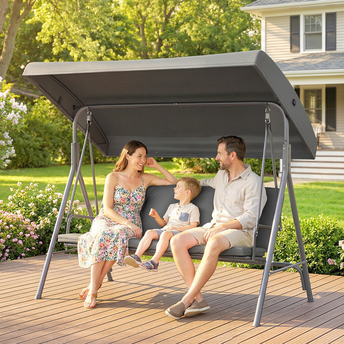 Outsunny 3 Seater Garden Swing Chair, Patio Rocking Bench with Tilting Canopy, Removable Cushion and Steel Frame, Dark Grey