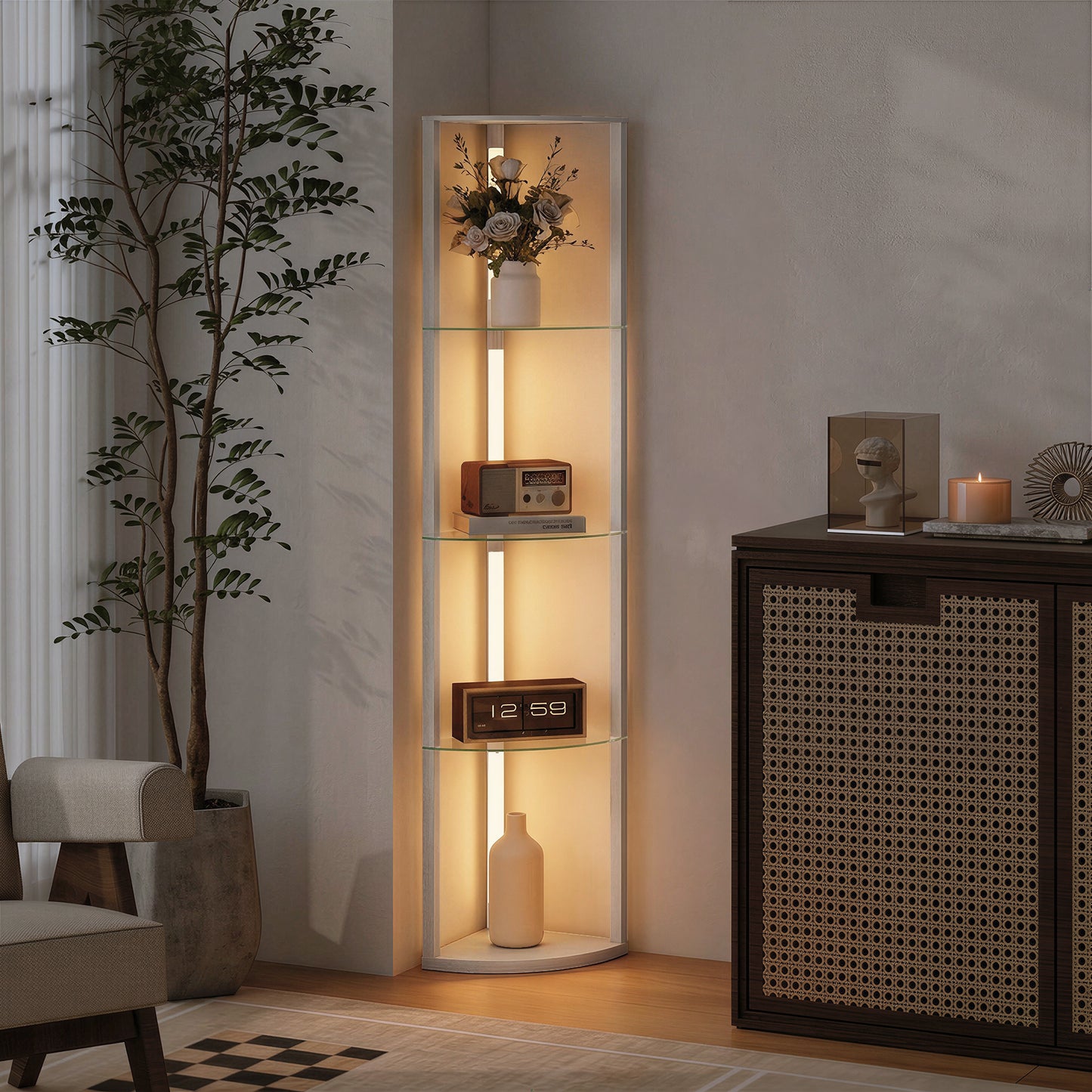 HOMCOM LED Floor Lamp with Shelves, Dimmable Standing Lamp with Foot Switch for Living Room, Bedroom, Grey