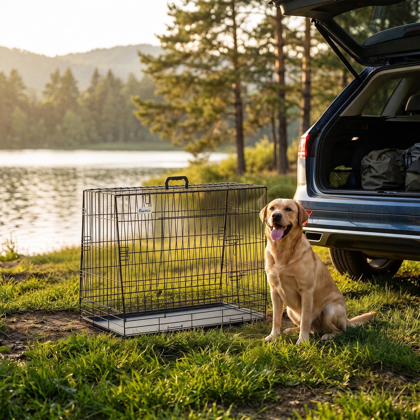 PawHut 35"(90 cm) Car Dog Crate Medium Large Collapsible Slanted Travel Dog Cage with Tray for Car Boot