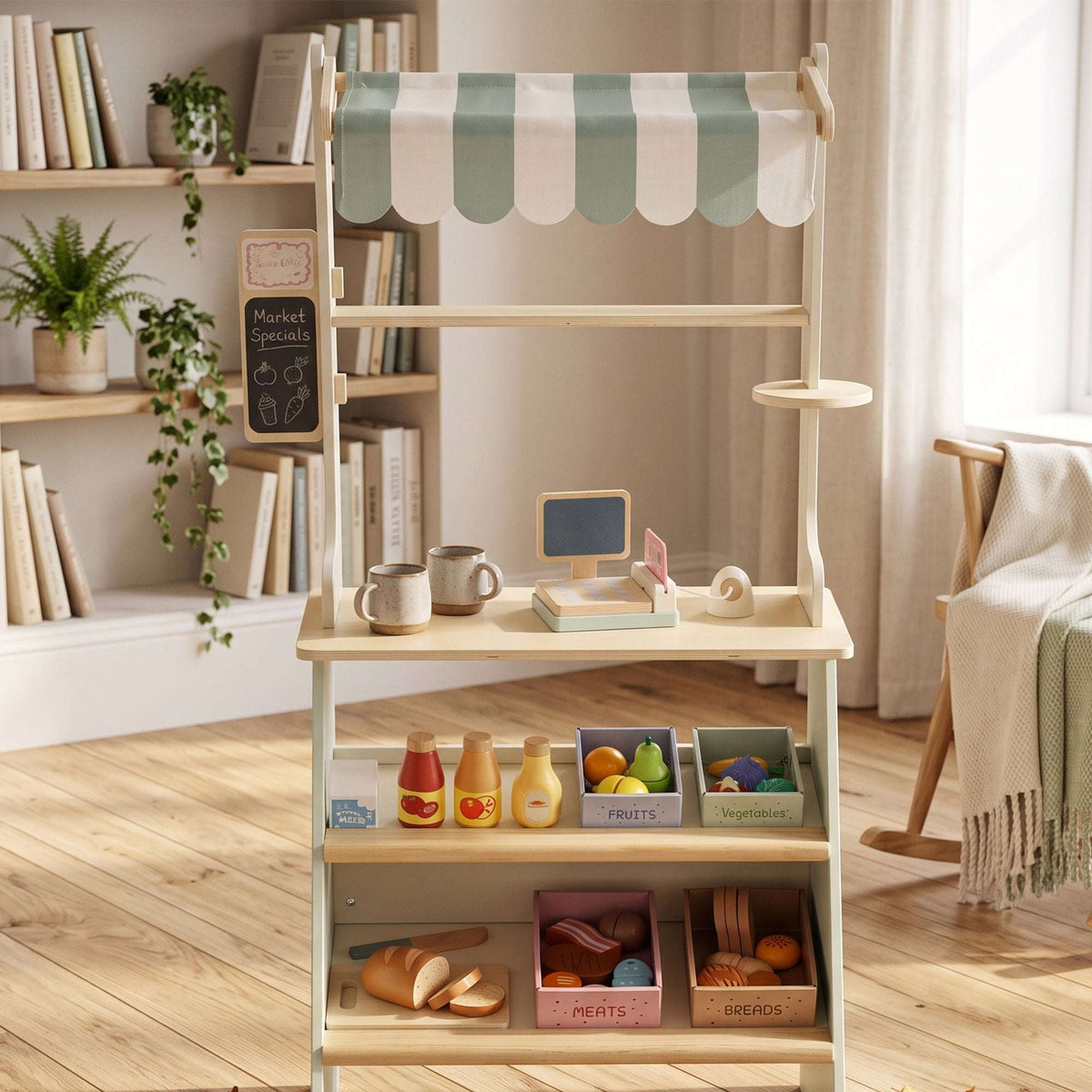 AIYAPLAY Wooden Toy Shop, Wooden Market Stall with Cash Register, Blackboard and Toy Food, 4 Storage Boxes, Ages 3+, Green