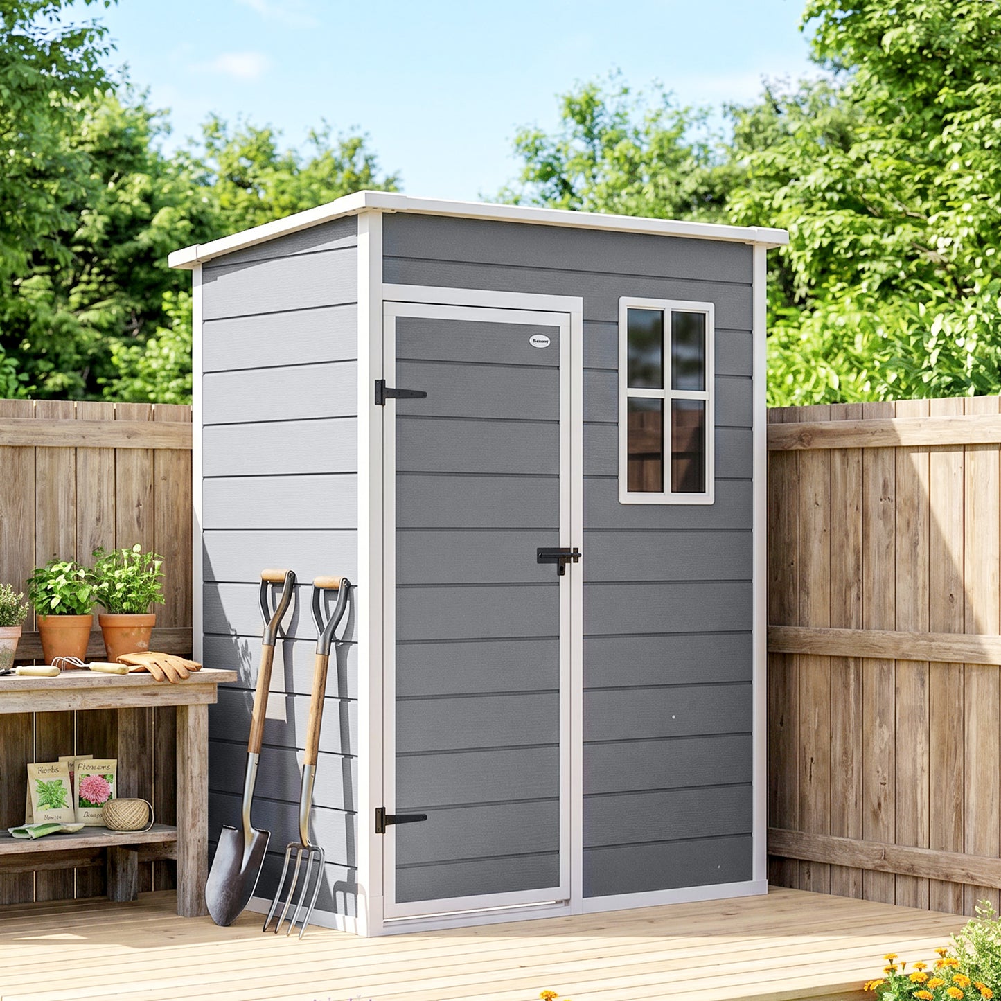 Outsunny 5' x 3' Plastic Garden Shed with Floor, Outdoor Storage Shed with Lockable Door, Window and Vent for Garden, Patio, Grey