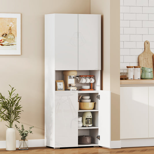 HOMCOM 180 cm Tall Kitchen Cupboard, Pantry Storage Cabinet with Soft Close Doors and Adjustable Shelves, High Gloss White