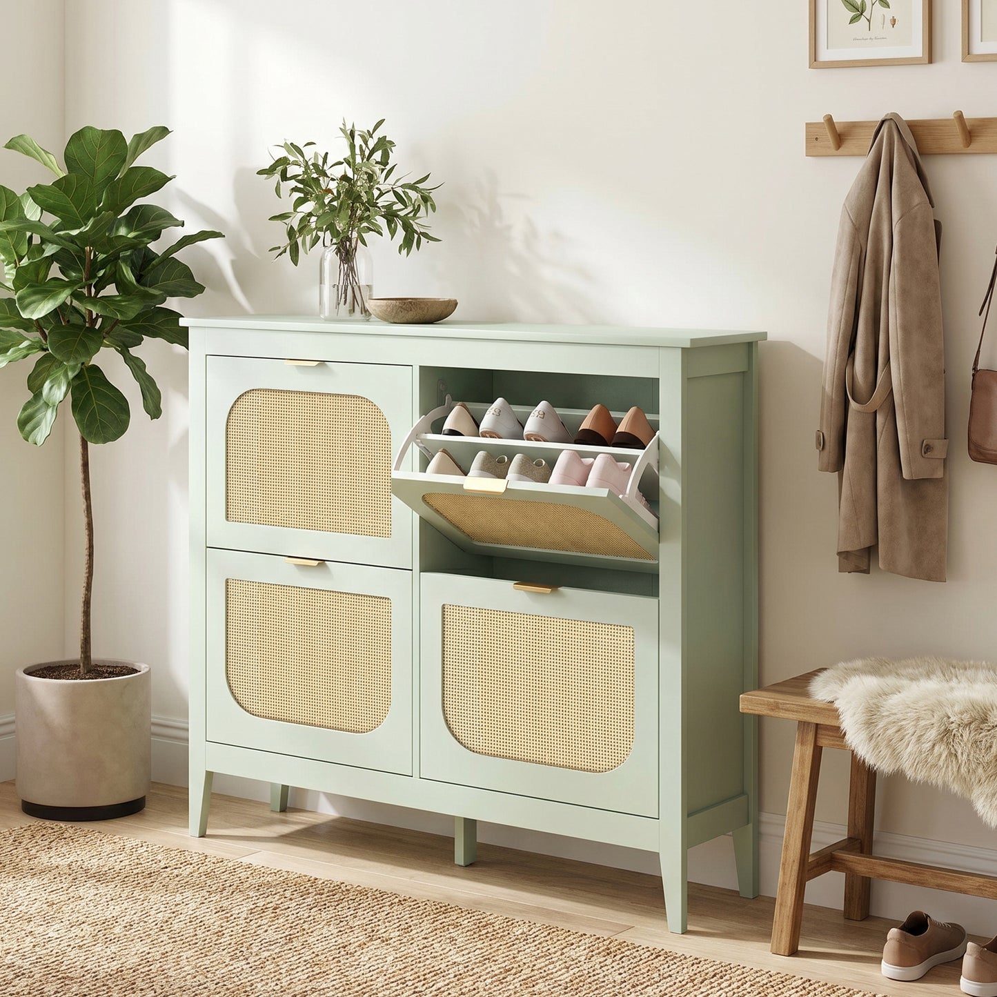 HOMCOM Narrow Shoe Cabinet, Boho Slim Shoe Storage Cabinet with 4 Flip Drawers, Holds 20 Pairs, Light Green