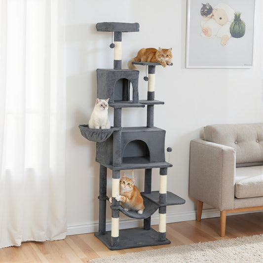 PawHut 202cm Large Cat Tree with 6 Scratching Posts, 2 Hammocks, 2 Condos, 2 Perches, Pompoms, for Indoor Cats to Rest and Play--ChewyGames-ChewyGames