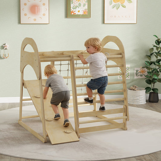 AIYAPLAY 6 in 1 Kids Climbing Frame with Slide, Monkey Bars, Gymnastics Rings, Ladder, Climbing Net, for 3-6 Years, Natural Tone--ChewyGames-ChewyGames