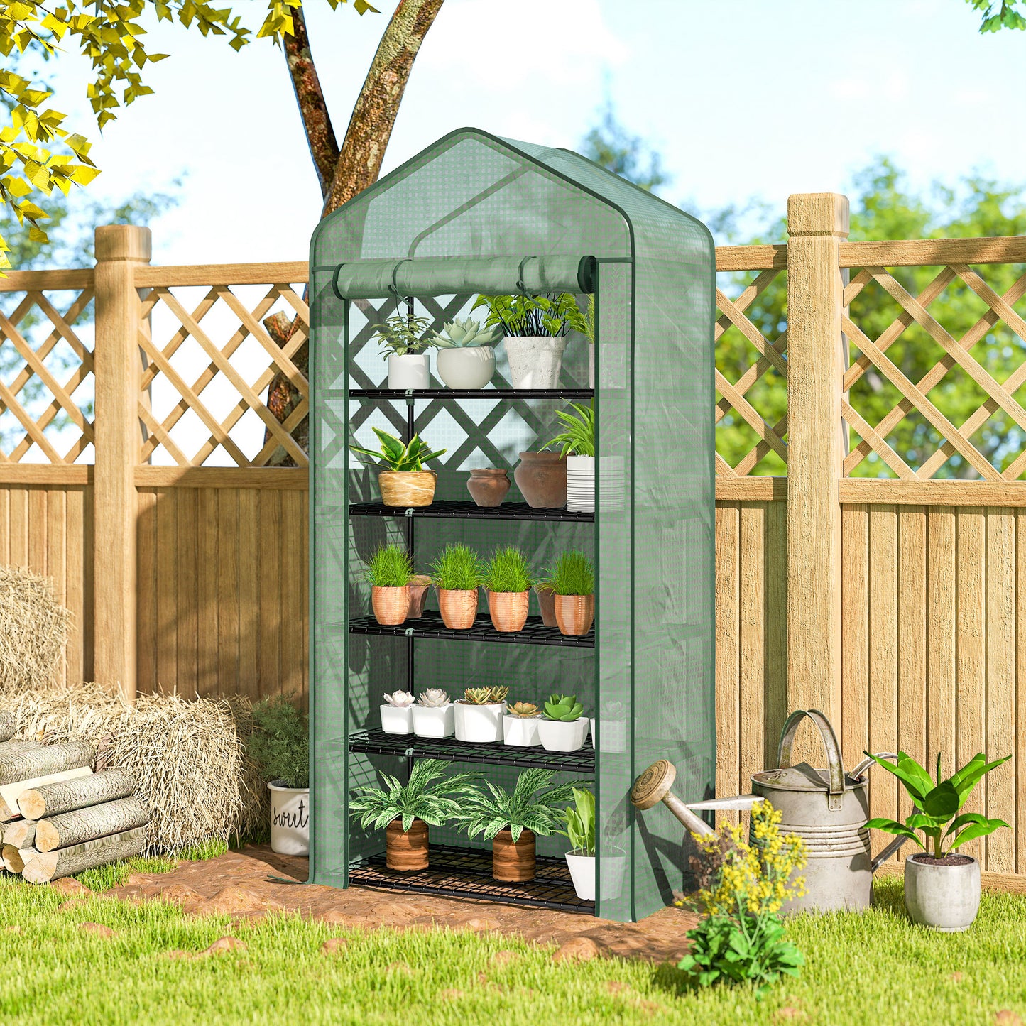 Outsunny 5 Tier Widened Mini Greenhouse with Reinforced PE Cover, Portable Indoor Outdoor Green House with Roll-up Door and Wire Shelves, 90 x 49 x 193cm, Green