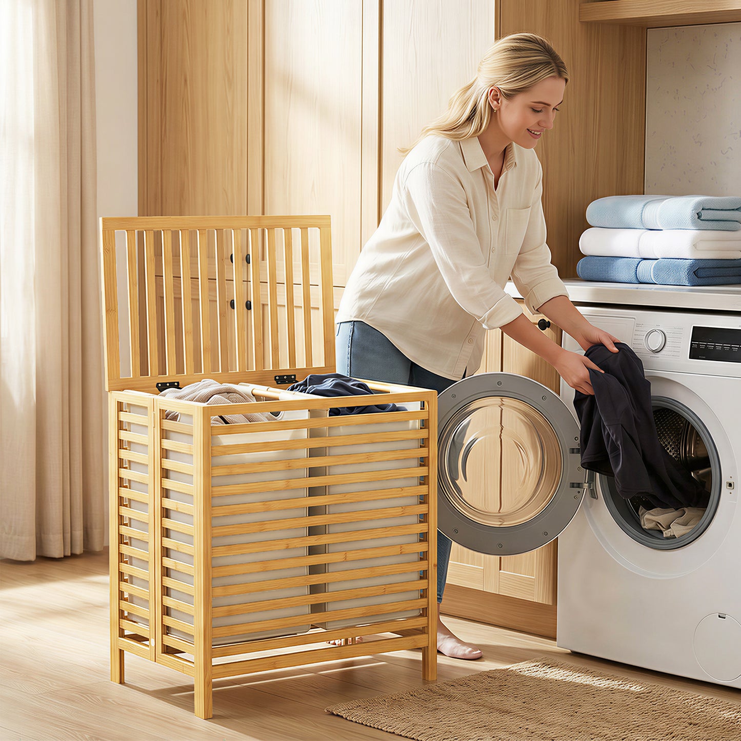 HOMCOM Bamboo Laundry Basket with Lid, 2 Baskets, Foldable, 64L, Natural and Cream White