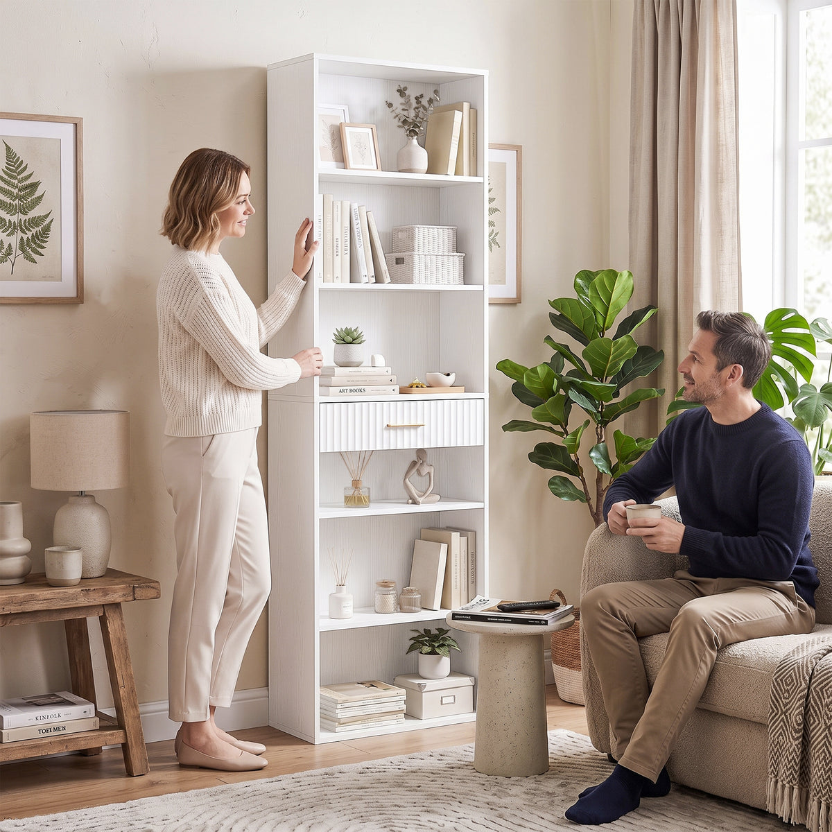 HOMCOM Bookcase Narrow Tall Space-Saving Bookshelf Drawer Open Shelves 60 x 24 x 182 cm White