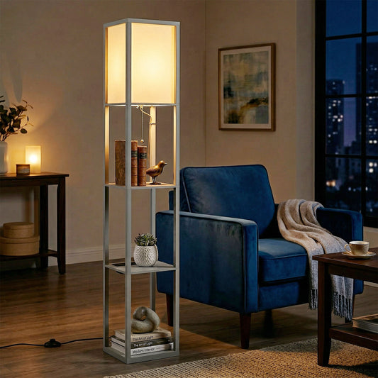 HOMCOM Floor Lamp with Shelves, 3 Layer Column Modern Standing Lamp for Living Room, Bedroom, Office, Grey