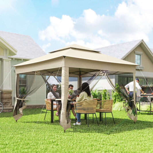 Outsunny 3 x 3(m) Pop Up Gazebo, Double-roof Garden Tent with Netting and Carry Bag, Party Event Shelter for Outdoor Patio, Cream White