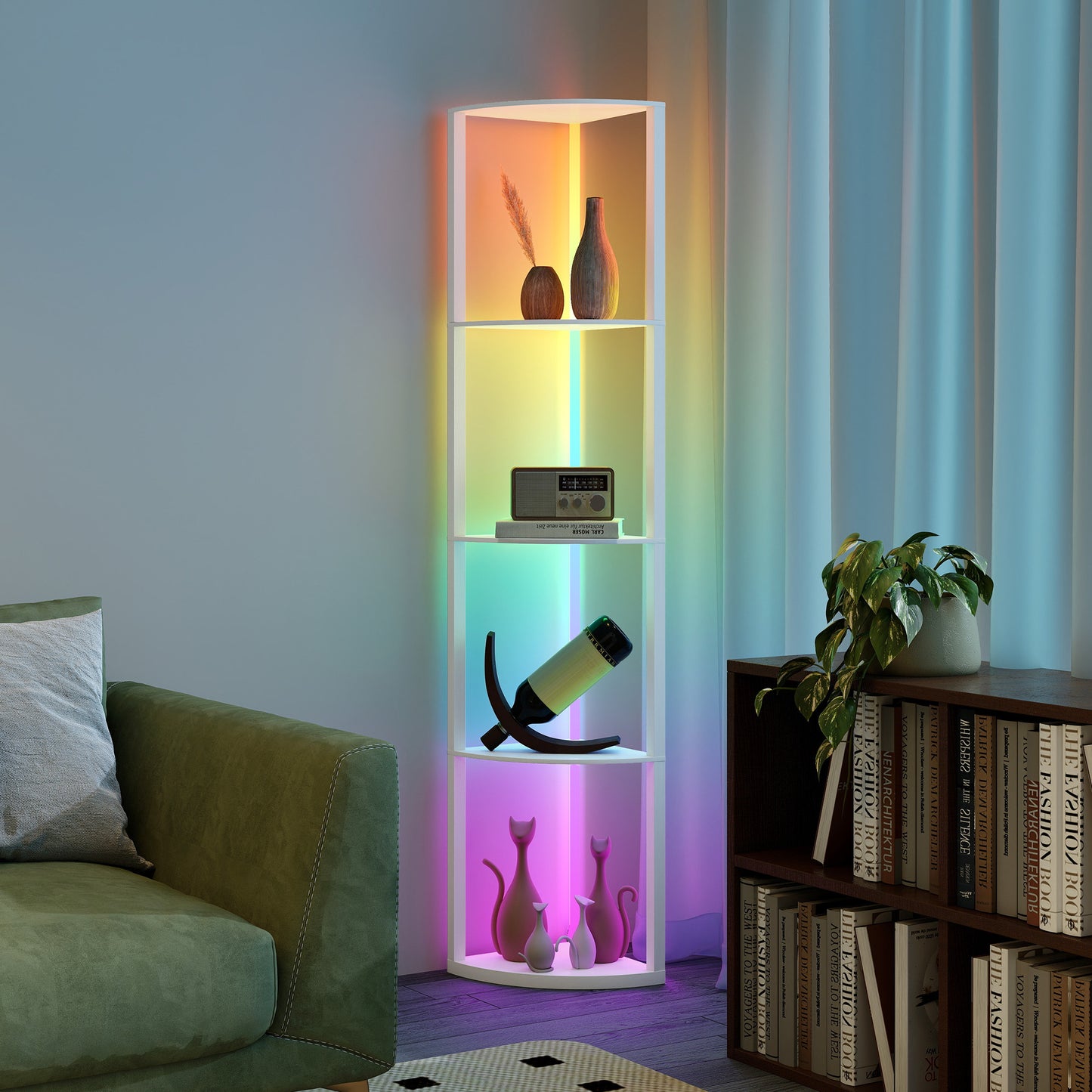 HOMCOM RGB LED Floor Lamp with Shelves, 5-Tier Dimmable Standing Lamp with Adjustable Brightness and Remote Control, Modern Corner Display Shelf Unit for Living Room Bedroom Office, White