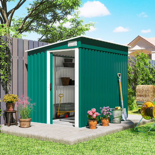 Outsunny 7 x 5ft Galvanised Metal Shed with Sliding Door and Water-Resistant Roof - Green