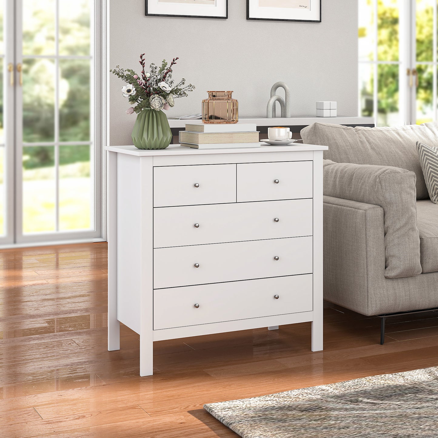 HOMCOM 5 Drawer Dresser for Bedroom, Modern Chest of Drawers, Wide Storage Unit for Living Room, Hallway, Closet, White
