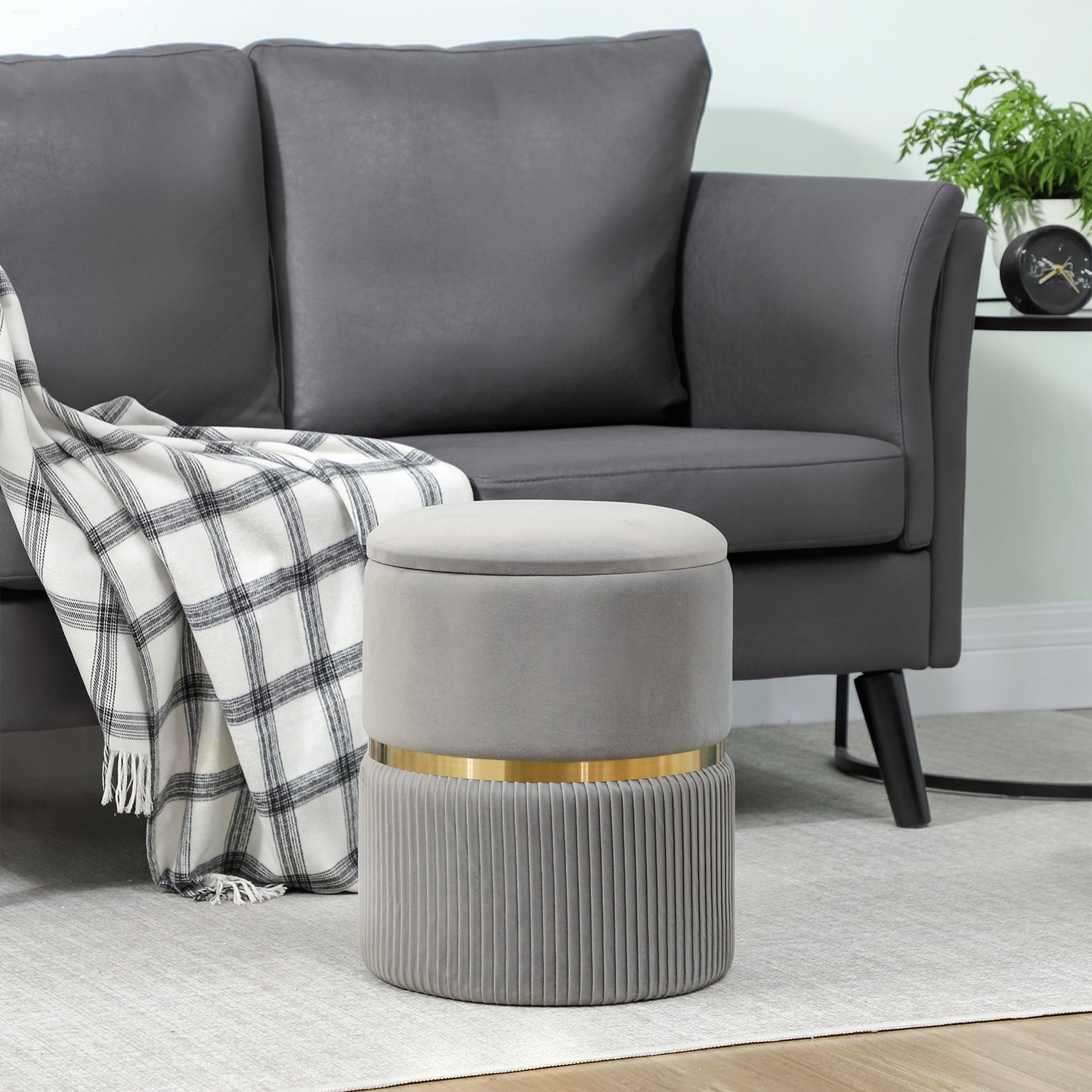 HOMCOM Velvet-Feel Storage Ottoman - Light Grey