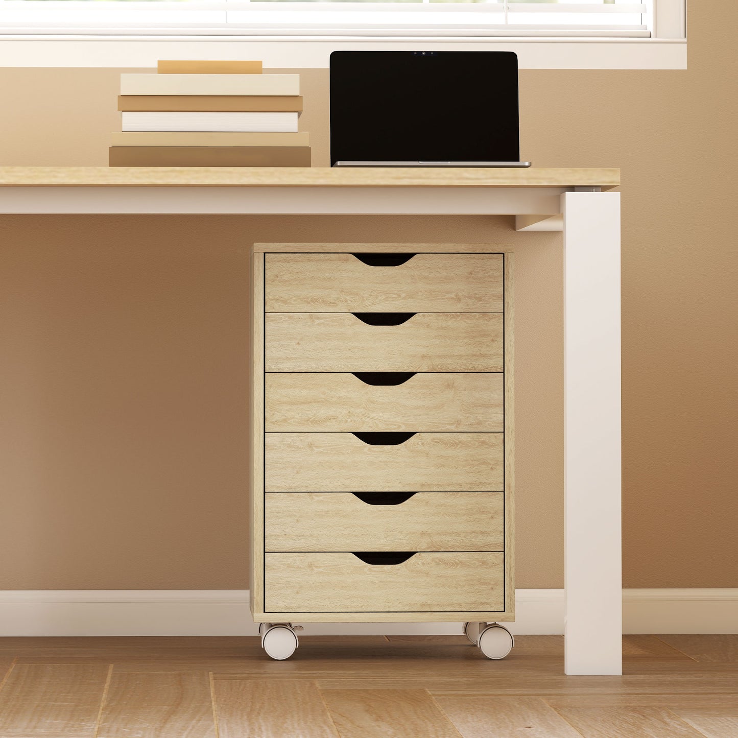 HOMCOM 6 Drawer Vertical File Cabinet, Mobile Filing Cabinet with Quiet Drawers and Wheels with 2 Brakes, Oak Wood Effect