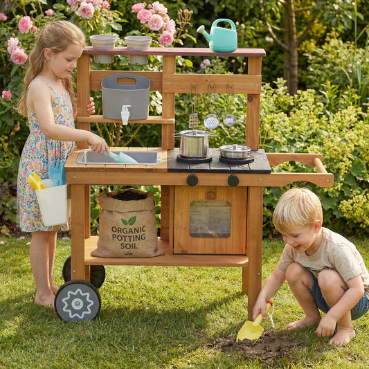AIYAPLAY Wooden Mud Kitchen with Wheels, Stove, Faucet, Flower Pots, Stainless Steel Accessories for Toddlers 3-6, Brown-Toy Kitchens-ChewyGames-ChewyGames