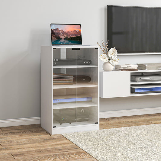 HOMCOM 4-Tier Hi-Fi Stand, Record Player Stand with Adjustable Shelves and Push-to-Open Glass Doors, White Wood-Effect