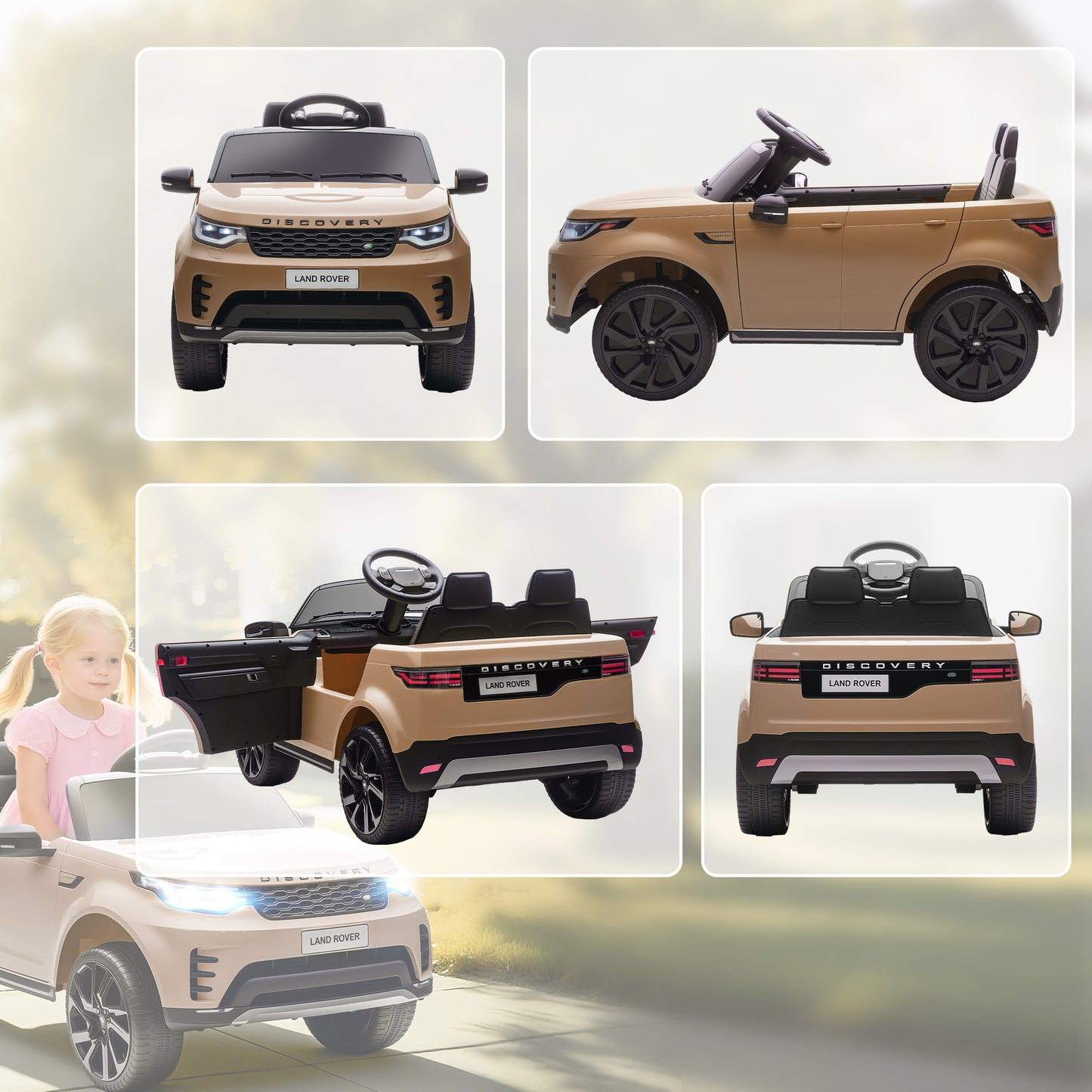 AIYAPLAY Land Rover Discovery Licensed 12V Kids Electric Car with Remote, 4 Wheel Suspension, Slow Start, Lights, Music, Khaki-Electric Riding Vehicles-ChewyGames-ChewyGames