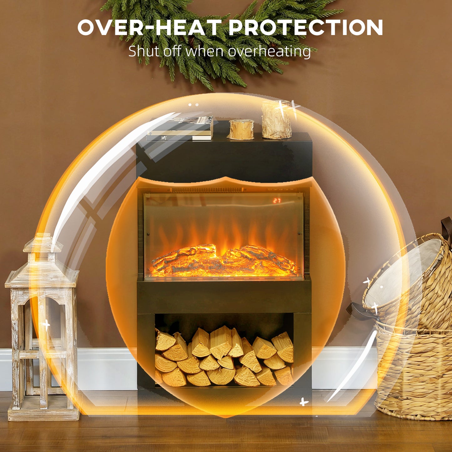 HOMCOM 19" Electric Fireplace with Surround, 3D Flame Effect, 6 Colours & 3 Brightness Levels, 1000W/2000W Black Electric Fire and Mantel Reach up to 30㎡ Space with Remote & Timer, 3 Sided View