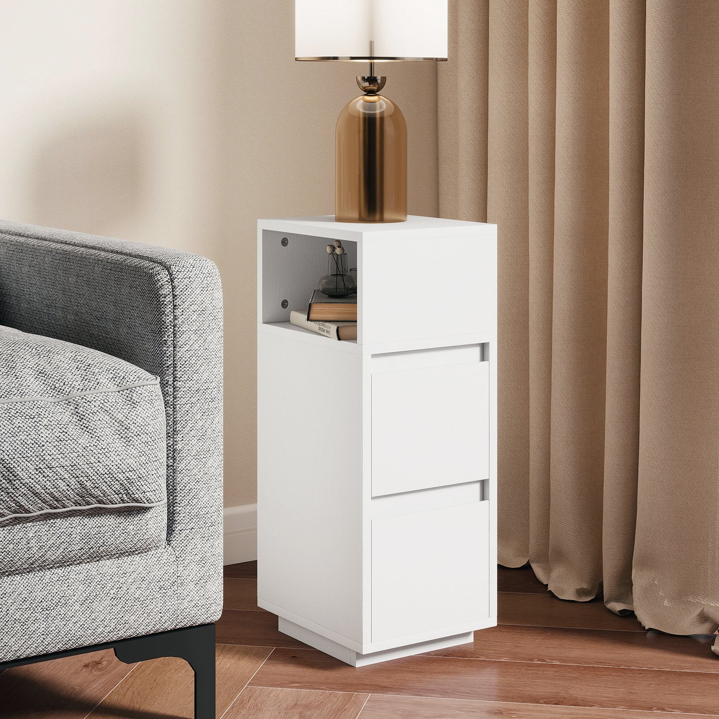 HOMCOM Slim Bedside Table, Narrow Bedside Cabinet with Open Shelf and 2 Drawers for Bedroom, Living Room, White