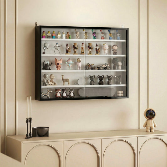 HOMCOM 5-Tier Wall Display Cabinet, Wall Mounted Display Case w/ 4 Adjustable Shelves, Glass Doors, 60x80cm, Black and White