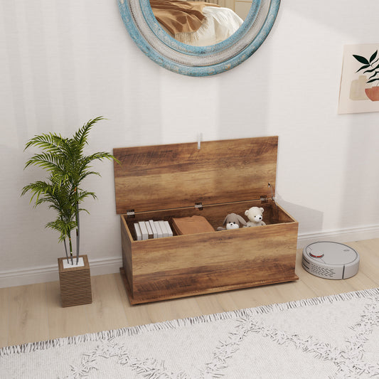 HOMCOM Storage Chest, Large 113L Blanket Box, Shoe Bench with Safety Hinged Lid, Storage Trunk, Bed End Bench for Bedroom, Hallway, Living room, Playroom, 100 x 40 x 40cm, Brown Wood Grain--ChewyGames-ChewyGames