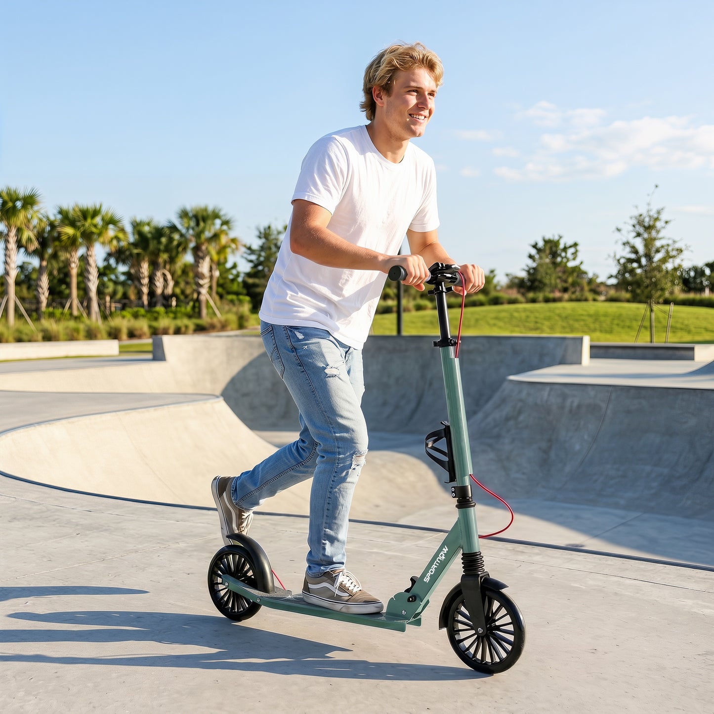 SPORTNOW Foldable Kick Scooter with Height Adjustable Handlebar, One-click Folding Adult Scooters with 200 mm Big Wheels, Silver Tone