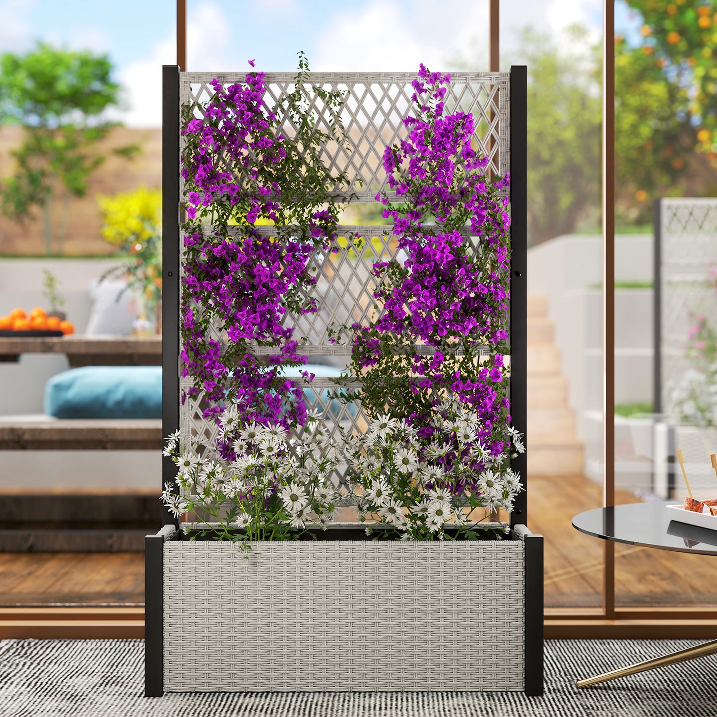 Outsunny Garden Planter Box with Trellis, Liner for Climbing Plants, Vegetables, Flowers, 90 x 35 x 148 cm, Mixed-grey