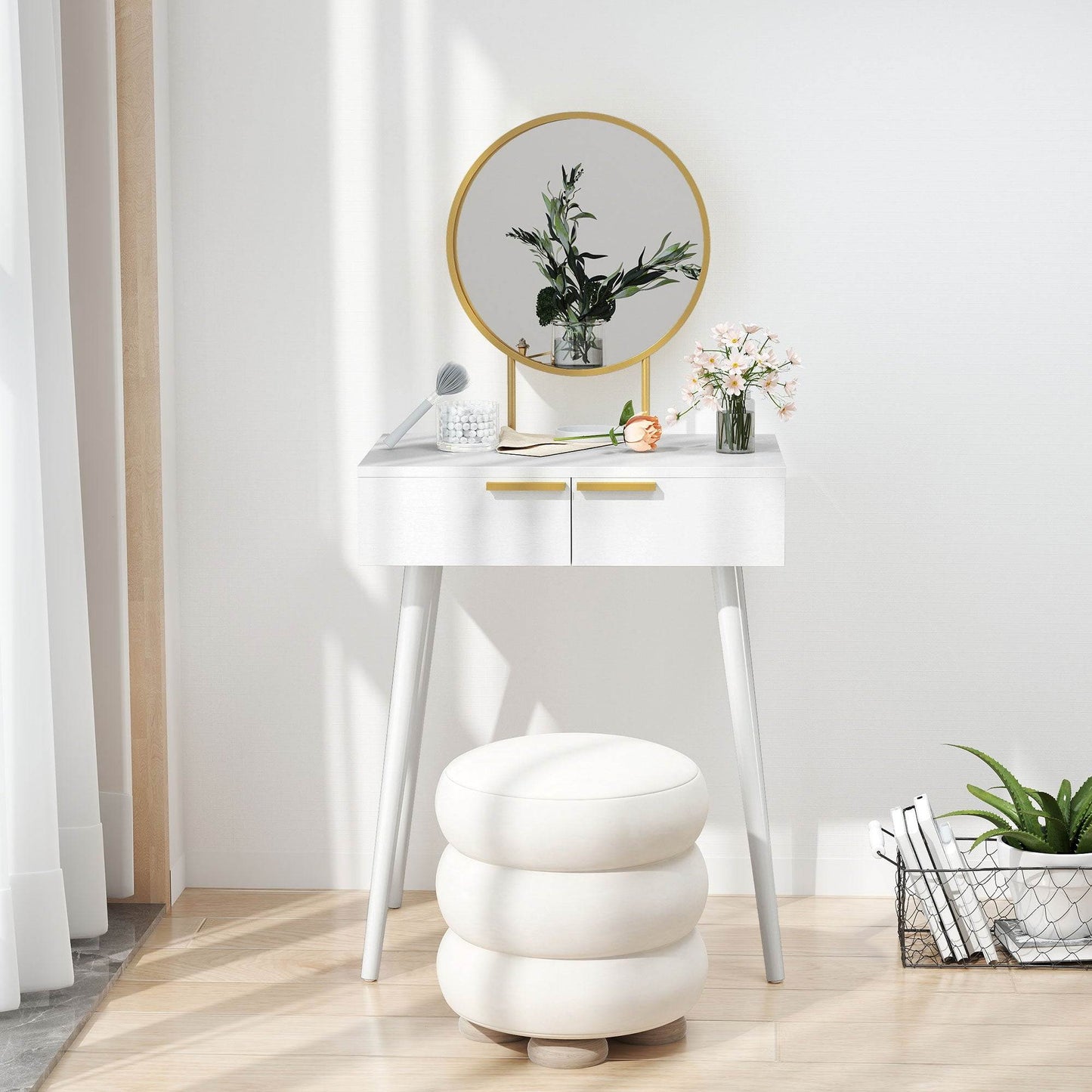 HOMCOM Elegant Dressing Table, with Round Mirror, 60 x 40 x 123 cm - White
