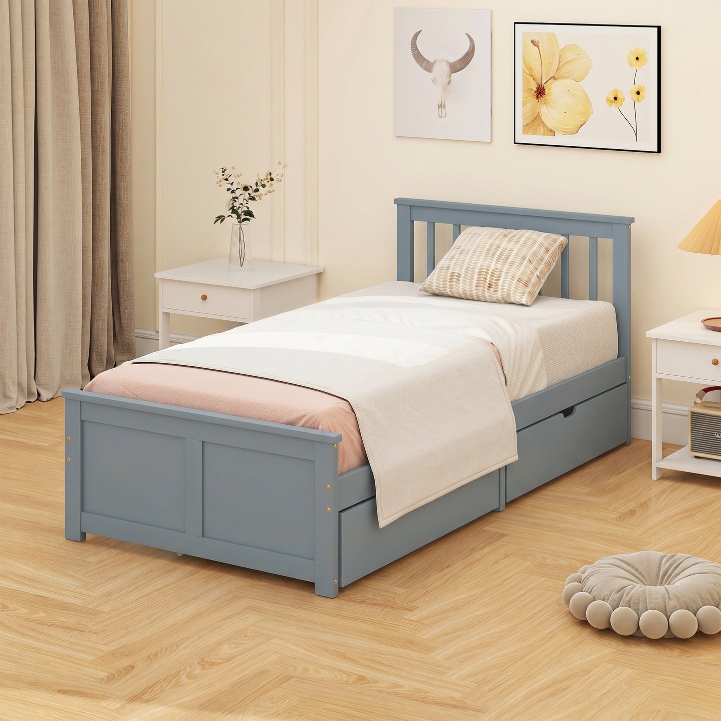 HOMCOM Pine Storage Bed, 3ft Single Solid Wooden Bed Frame with Drawers, Headboard, Wood Slat Support, Grey