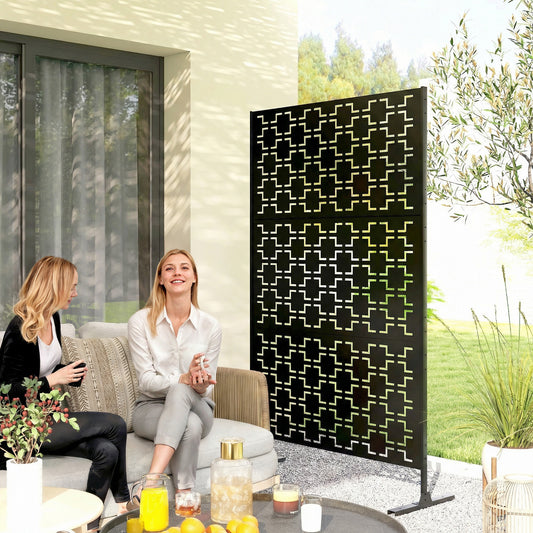Outsunny Metal Decorative Privacy Screen Outdoor Divider, Black Grid