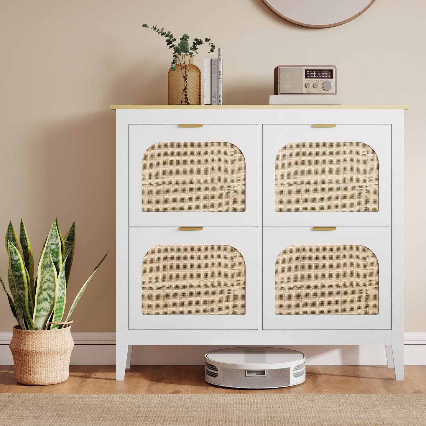 HOMCOM Narrow Shoe Cabinet, Boho Slim Shoe Storage Cabinet with 4 Flip Drawers, Holds 20 Pairs, White