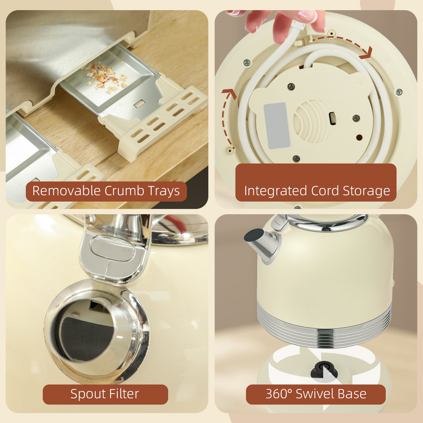 HOMCOM Polished Stainless Steel Kettle and Toaster Set - Cream