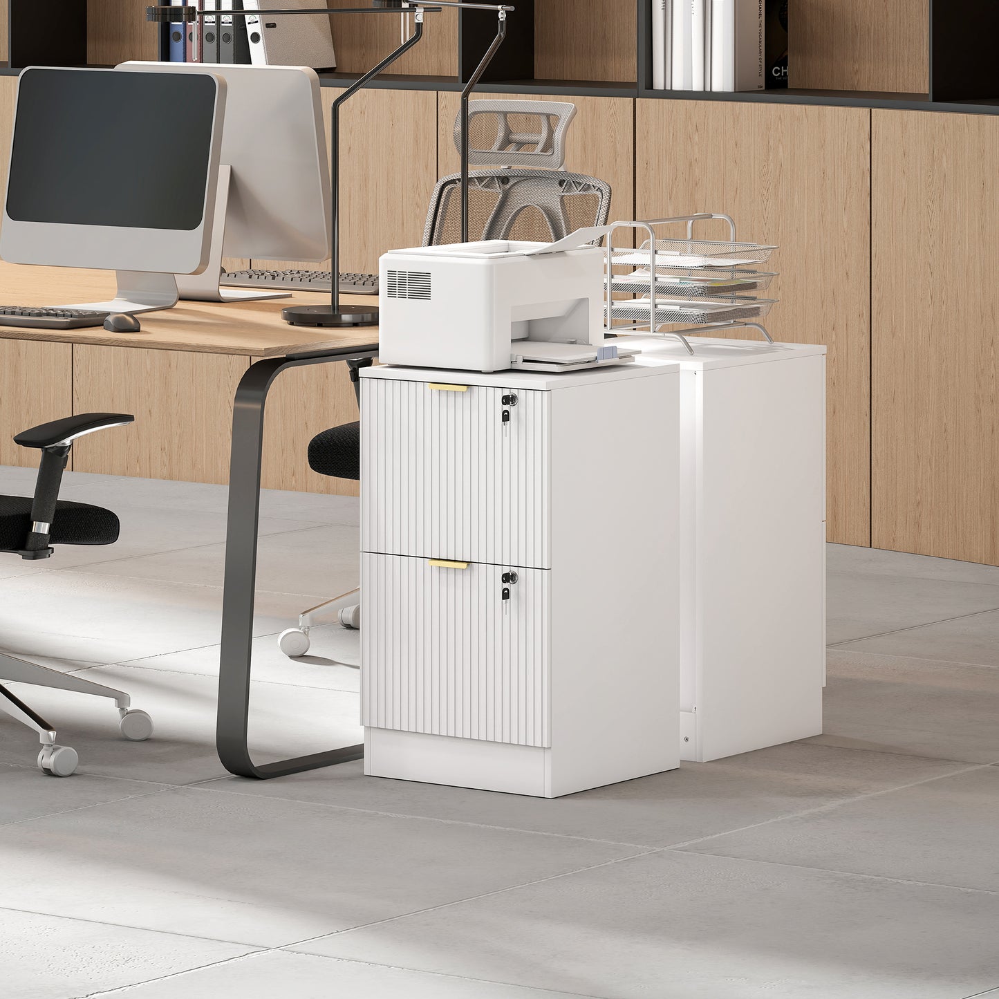 HOMCOM Filing Cabinet, Fluted Vertical File Cabinet with 2 Lockable Drawers and Hanging Rails, White