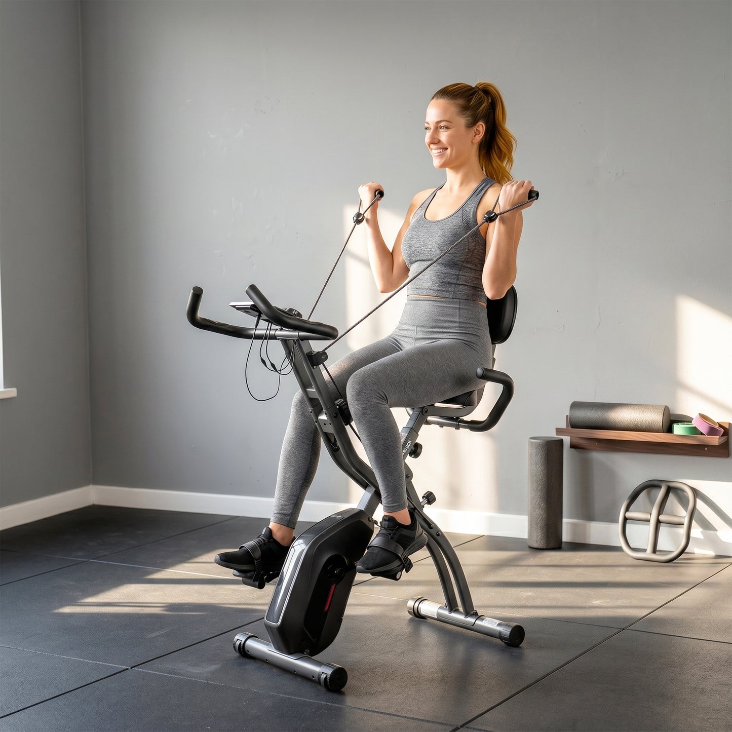 SPORTNOW 4-In-1 Folding Exercise Bike with Resistance Bands, Bluetooth App, 8-Level Magnetic Resistance, LCD Display, Black
