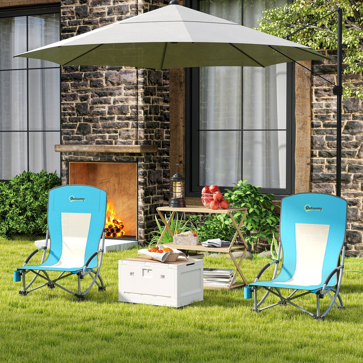 Outsunny Set of 2 Folding Beach Chair, Low Camping Chair with Mesh Back, Carry Bag and Cup Holder for Garden Outdoor Picnic Festival Travel, Blue