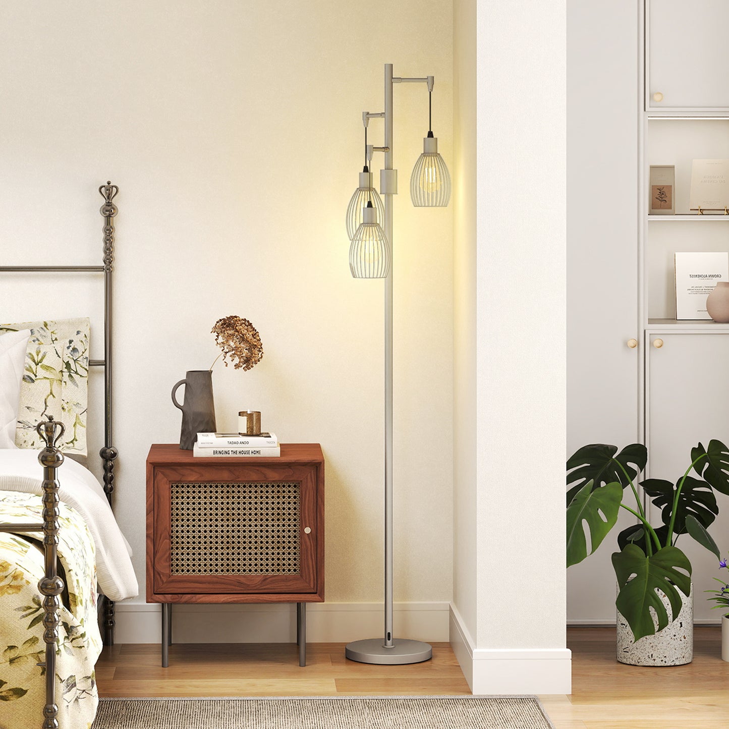 HOMCOM 3-Light Floor Lamp, 170cm Industrial Dimmable Standing Lamp with Steel Wire Cage Lampshades for Living Room, Bedroom, Dining Room, Study, Bulb Not Included, Silver Tone