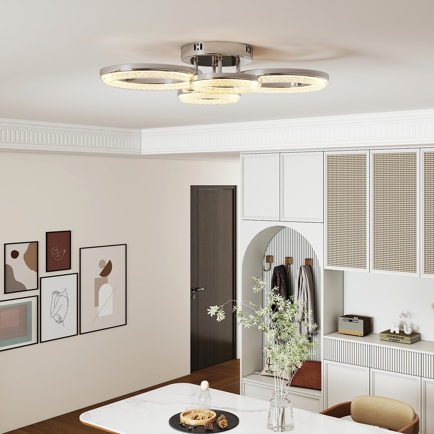 HOMCOM LED Ceiling Light, Modern Dimmable 4 Rings Ceiling Lamp with Wall Switch, 40W 4350lm Flush Mount Ceiling Light with 3500K/4500K/6000K Colour Temperatures for Living Room, Bedroom, Silver Tone