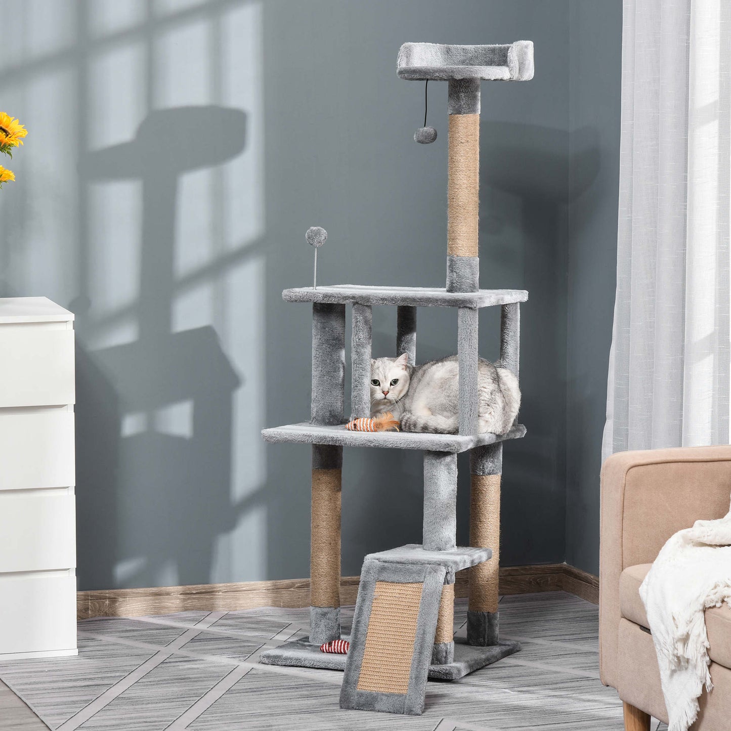 PawHut Cat Tree Tower 142cm Climbing Kitten Activity Center with Jute Scratching Post Board, Removable Felt Hanging Toy, Grey