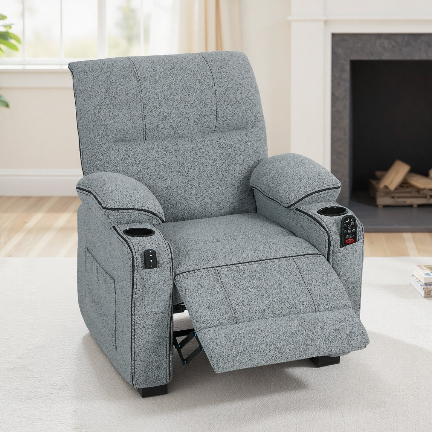 HOMCOM Electric Massage Recliner Armchair with Vibration, Heat, Whisper-Quiet Motor, Memory Function, Velvet Power Reclining Chair with Spring Pack, USB Port, Footrest, Side Pockets, Cup Holders, Grey