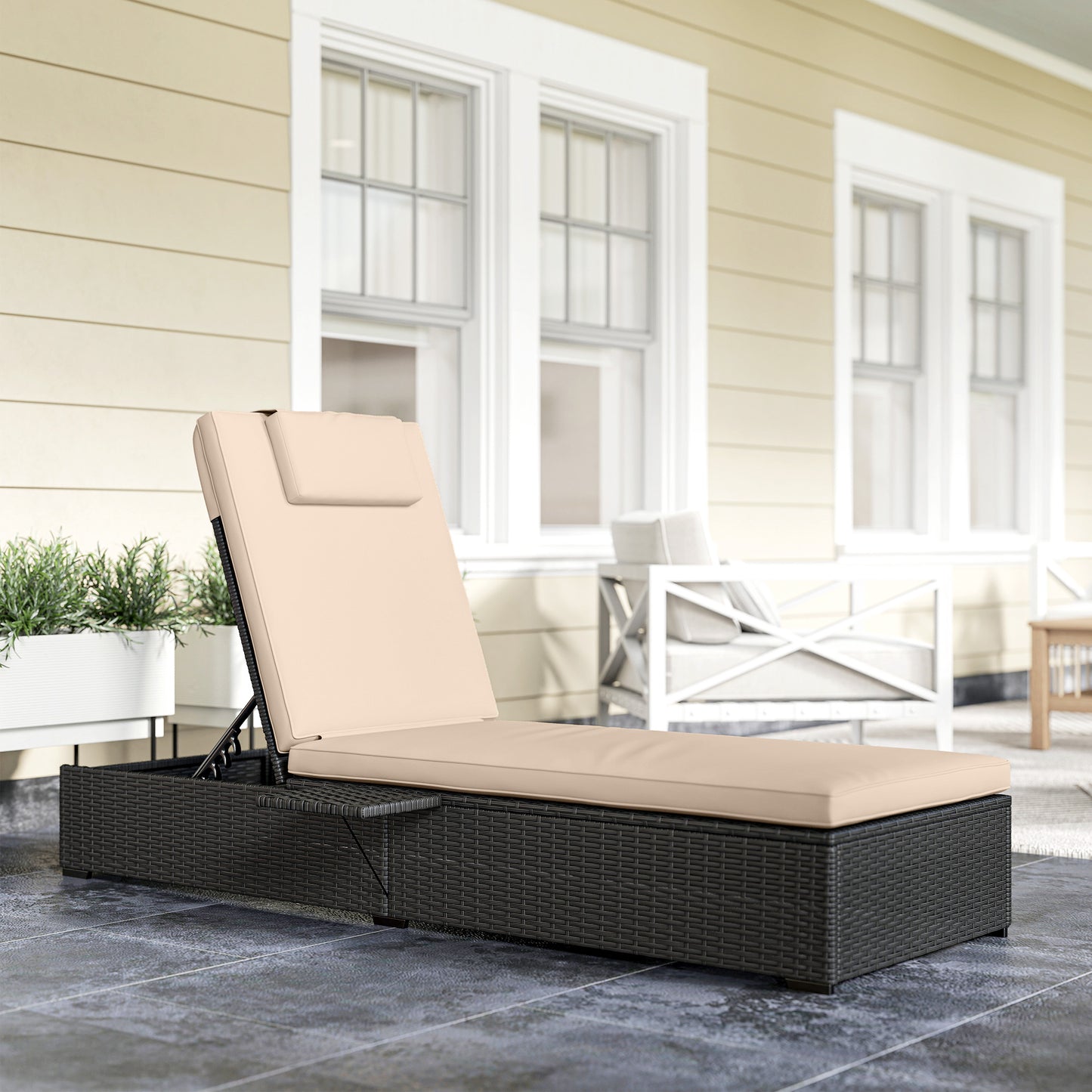 Outsunny Rattan Sun Lounger with 5-Level Reclining Back Side Tray and Cushion, Black