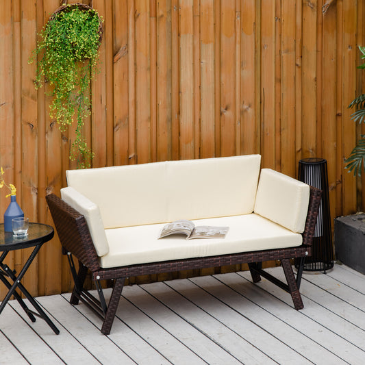 Outsunny 2-Seater 2-in-1 Rattan Convertible Sofa Daybed, Brown