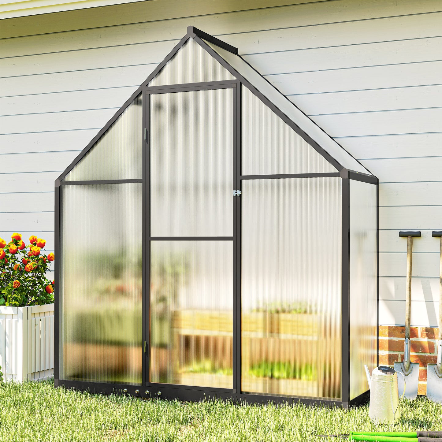 Outsunny Polycarbonate Greenhouse with Swing Door and Adjustable Window, Walk-in Greenhouse, 5.5 x 2ft, Black