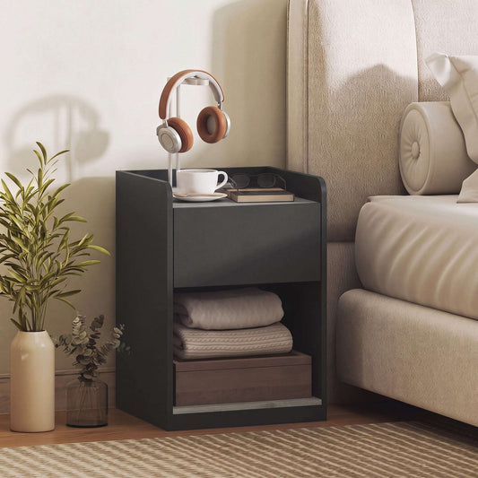 HOMCOM Modern Bedside Table, Slim Nightstand with Drawer, Shelf and Cable Holes, Black and Grey Wood Effect