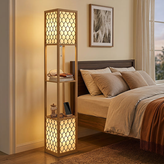 HOMCOM Floor Lamp with Shelves, Modern Tall Standing Lamp with Fabric Lampshades, Zipper Switch, Natural Wood Finish